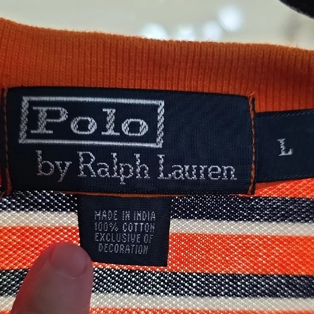 Polo by Ralph Lauren Mens Orange/Navy Striped Polo Shirt Collar Buttons Sz L GUC